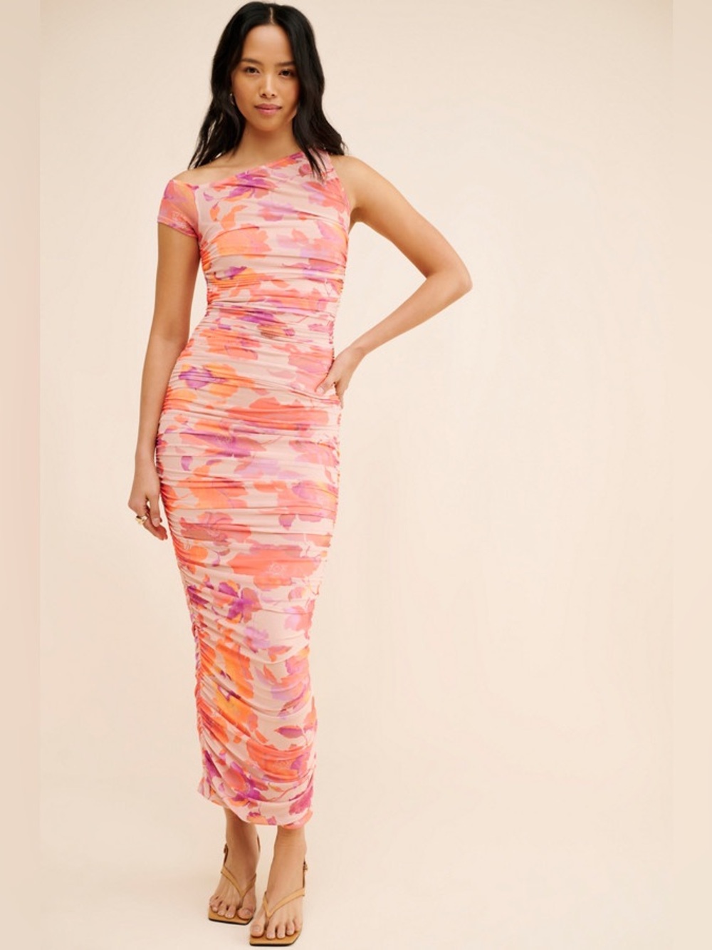 AFRM Pink and Orange Floral Ruched Maxi Dress